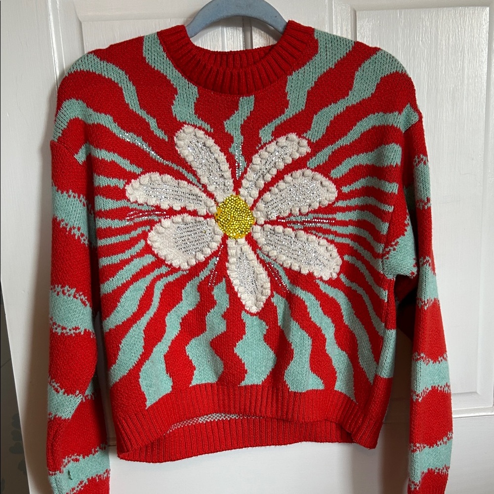 Zara cotton blend floral/checked sweater.
